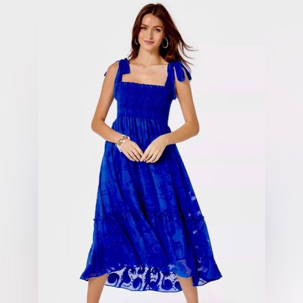 NWT Lilly Pulitzer Rivera Smocked Midi Dress- Blue Grotto in size small.